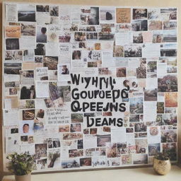 A visually inspiring vision board filled with pictures and quotes that symbolize personal goals, aspirations, and dreams