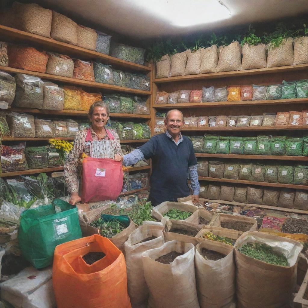 Resilient fertilizer shop in the town center with the friendly shopkeeper interacting with customers. It is packed with vibrant bags of different fertilizers, gardening tools, and local seeds. Smells of soil and nature linger in the air.