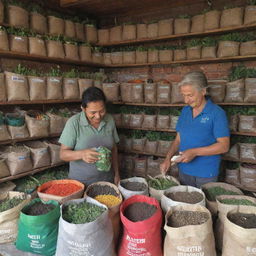 Resilient fertilizer shop in the town center with the friendly shopkeeper interacting with customers. It is packed with vibrant bags of different fertilizers, gardening tools, and local seeds. Smells of soil and nature linger in the air.