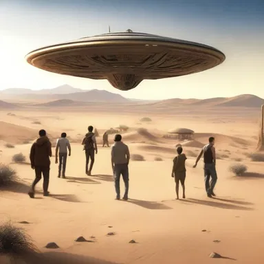 The alien spaceship landed in the middle of the desert, and the townspeople hysterically ran toward it, unsure of what to expect.