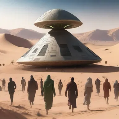 The alien spaceship landed in the middle of the desert, and the townspeople hysterically ran toward it, unsure of what to expect.