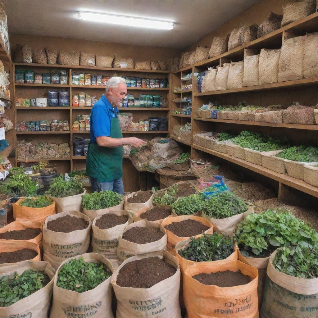 Resilient fertilizer shop in the town center with the friendly shopkeeper interacting with customers. It is packed with vibrant bags of different fertilizers, gardening tools, and local seeds. Smells of soil and nature linger in the air.