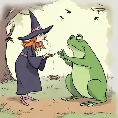 The witch cackled hysterically as she cast a spell, turning the prince into a frog.