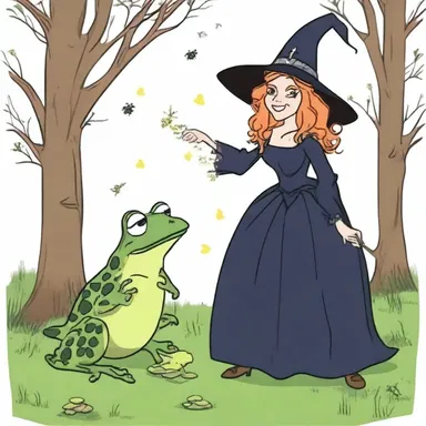 The witch cackled hysterically as she cast a spell, turning the prince into a frog.