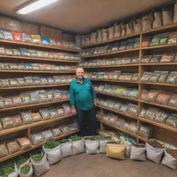 Resilient fertilizer shop in the town center with the friendly shopkeeper interacting with customers. It is packed with vibrant bags of different fertilizers, gardening tools, and local seeds. Smells of soil and nature linger in the air.