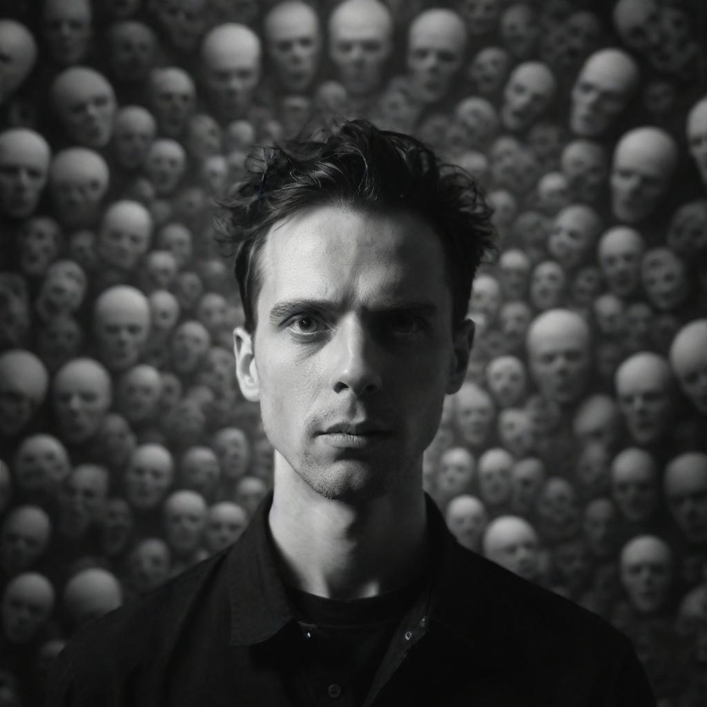 A high resolution 8K image in black and white, featuring a person surrounded by visually representative elements of an ominous, malevolent mind.