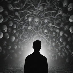 A high resolution 8K image in black and white, featuring a person surrounded by visually representative elements of an ominous, malevolent mind.