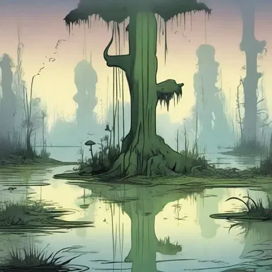 In the cartoon, the miasmal swamp was depicted with eerie vaporous fumes emerging from the water.