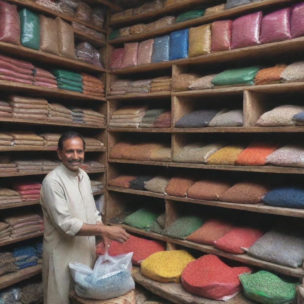 Classic Pakistani fertilizer shop with an affable shopkeeper assisting customers. Rusty shelves are plentiful with vibrantly coloured fertilizer bags, gardening essentials, and indigenous seeds. The natural fragrance of soil pervades the atmosphere.