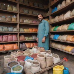 Classic Pakistani fertilizer shop with an affable shopkeeper assisting customers. Rusty shelves are plentiful with vibrantly coloured fertilizer bags, gardening essentials, and indigenous seeds. The natural fragrance of soil pervades the atmosphere.