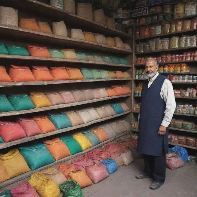 Classic Pakistani fertilizer shop with an affable shopkeeper assisting customers. Rusty shelves are plentiful with vibrantly coloured fertilizer bags, gardening essentials, and indigenous seeds. The natural fragrance of soil pervades the atmosphere.