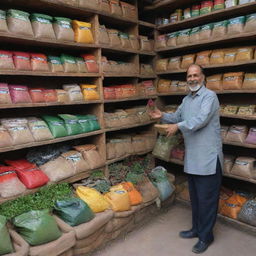 Classic Pakistani fertilizer shop with an affable shopkeeper assisting customers. Rusty shelves are plentiful with vibrantly coloured fertilizer bags, gardening essentials, and indigenous seeds. The natural fragrance of soil pervades the atmosphere.