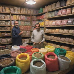 A bustling Pakistani fertilizer shop with a congenial shopkeeper. Colorful bags of fertilizers, shelves laden with local seeds and gardening tools, the scent of fresh earth, all under warm, inviting lighting.