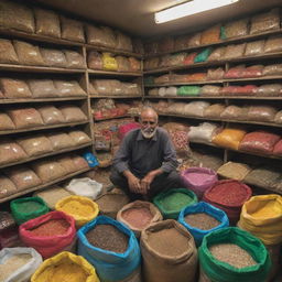 A bustling Pakistani fertilizer shop with a congenial shopkeeper. Colorful bags of fertilizers, shelves laden with local seeds and gardening tools, the scent of fresh earth, all under warm, inviting lighting.