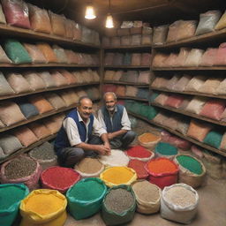 A bustling Pakistani fertilizer shop with a congenial shopkeeper. Colorful bags of fertilizers, shelves laden with local seeds and gardening tools, the scent of fresh earth, all under warm, inviting lighting.