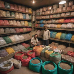 A bustling Pakistani fertilizer shop with a congenial shopkeeper. Colorful bags of fertilizers, shelves laden with local seeds and gardening tools, the scent of fresh earth, all under warm, inviting lighting.