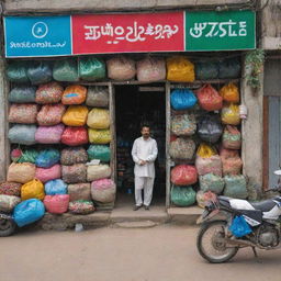 View of a Pakistani fertilizer shop from the outside, with the personable shopkeeper standing at the entrance. The shop's facade is filled with colorful bags of fertilizers and gardening tools, blending in seamlessly with the busy street market.