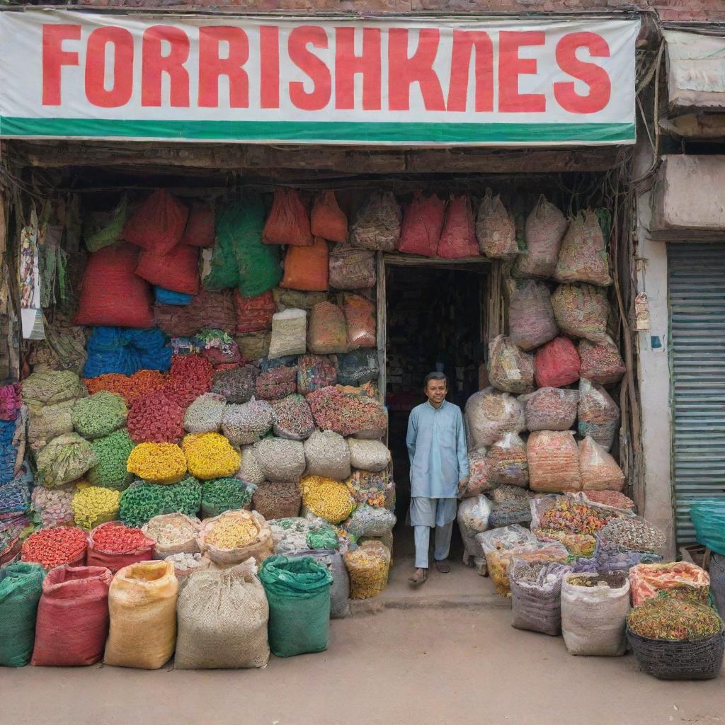 View of a Pakistani fertilizer shop from the outside, with the personable shopkeeper standing at the entrance. The shop's facade is filled with colorful bags of fertilizers and gardening tools, blending in seamlessly with the busy street market.