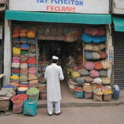 View of a Pakistani fertilizer shop from the outside, with the personable shopkeeper standing at the entrance. The shop's facade is filled with colorful bags of fertilizers and gardening tools, blending in seamlessly with the busy street market.