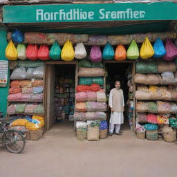 View of a Pakistani fertilizer shop from the outside, with the personable shopkeeper standing at the entrance. The shop's facade is filled with colorful bags of fertilizers and gardening tools, blending in seamlessly with the busy street market.