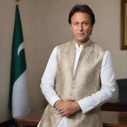 Generate a respectful portrait of Imran Khan, the Prime Minister of Pakistan. He is seen in a professional office setting, wearing a traditional Pakistani sherwani.