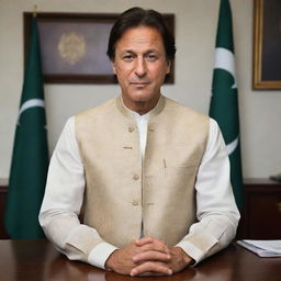 Generate a respectful portrait of Imran Khan, the Prime Minister of Pakistan. He is seen in a professional office setting, wearing a traditional Pakistani sherwani.