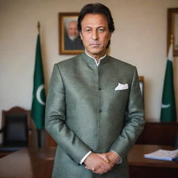 Generate a respectful portrait of Imran Khan, the Prime Minister of Pakistan. He is seen in a professional office setting, wearing a traditional Pakistani sherwani.