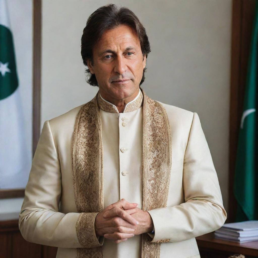 Generate a respectful portrait of Imran Khan, the Prime Minister of Pakistan. He is seen in a professional office setting, wearing a traditional Pakistani sherwani.