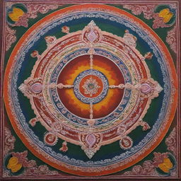 A colorful and detailed traditional Indian Rangoli incorporating elements of the Ram Mandir in Ayodhya