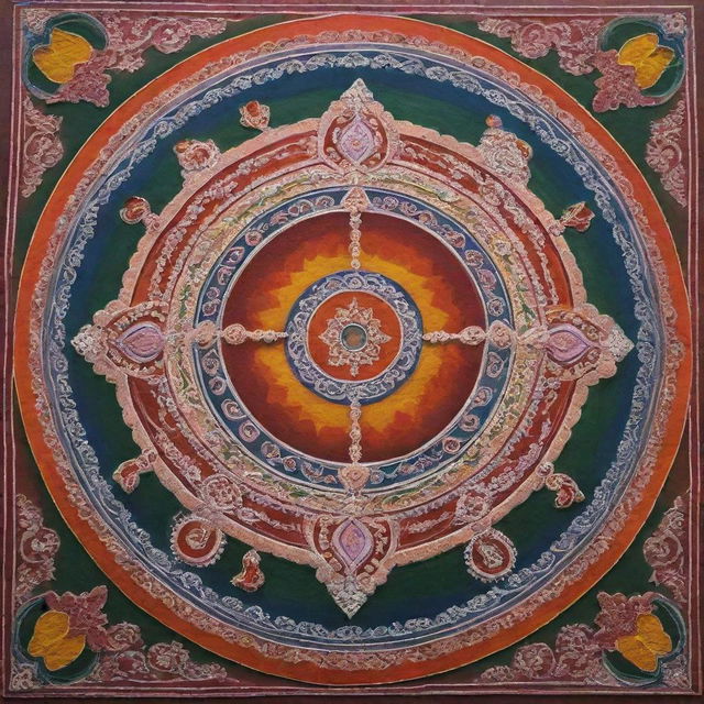 A colorful and detailed traditional Indian Rangoli incorporating elements of the Ram Mandir in Ayodhya