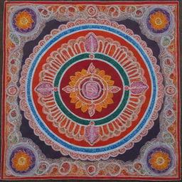 A colorful and detailed traditional Indian Rangoli incorporating elements of the Ram Mandir in Ayodhya