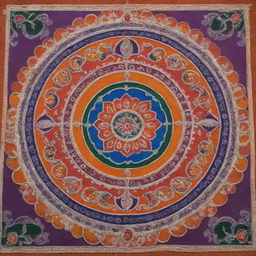 A colorful and detailed traditional Indian Rangoli incorporating elements of the Ram Mandir in Ayodhya