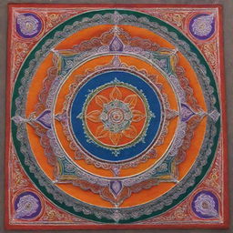 A colorful and detailed traditional Indian Rangoli incorporating elements of the Ram Mandir in Ayodhya