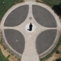 A figure stands at the intersection of two paths, lost and confused. On one side, there are symbols indicative of the Baha'i faith, and on the other, symbols of contemporary world. The persona appears weighed down and deeply affected.