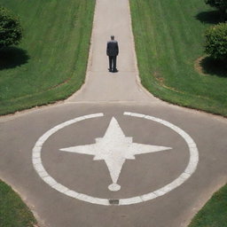 A figure stands at the intersection of two paths, lost and confused. On one side, there are symbols indicative of the Baha'i faith, and on the other, symbols of contemporary world. The persona appears weighed down and deeply affected.