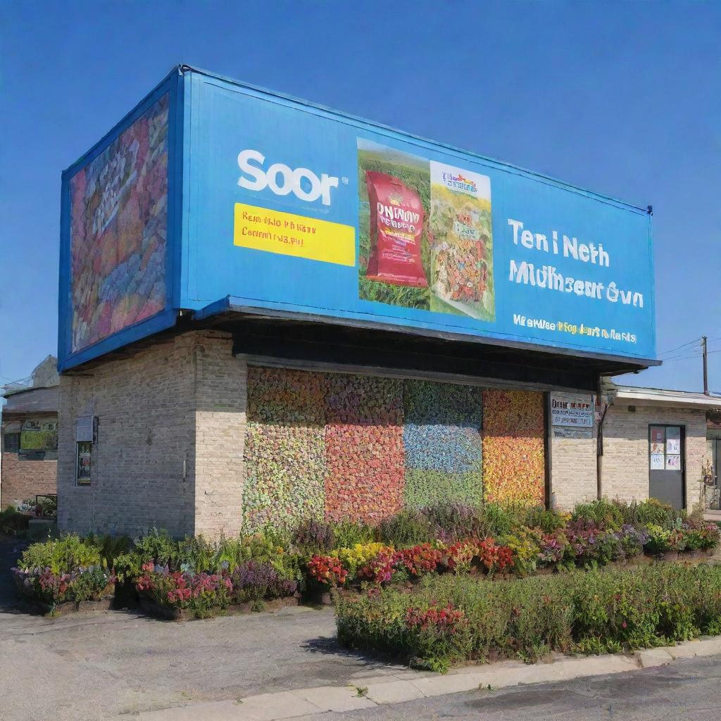 Exterior perspective of a fertilizer shop in the heart of a small town. Billboard with the shop's name, neat stacks of multicolored fertilizer bags organized outside, flourishing plants proudly showcased, under a clear blue sky.