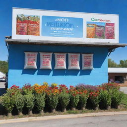 Exterior perspective of a fertilizer shop in the heart of a small town. Billboard with the shop's name, neat stacks of multicolored fertilizer bags organized outside, flourishing plants proudly showcased, under a clear blue sky.