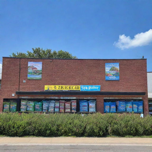 Exterior perspective of a fertilizer shop in the heart of a small town. Billboard with the shop's name, neat stacks of multicolored fertilizer bags organized outside, flourishing plants proudly showcased, under a clear blue sky.