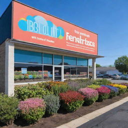 Exterior perspective of a fertilizer shop in the heart of a small town. Billboard with the shop's name, neat stacks of multicolored fertilizer bags organized outside, flourishing plants proudly showcased, under a clear blue sky.