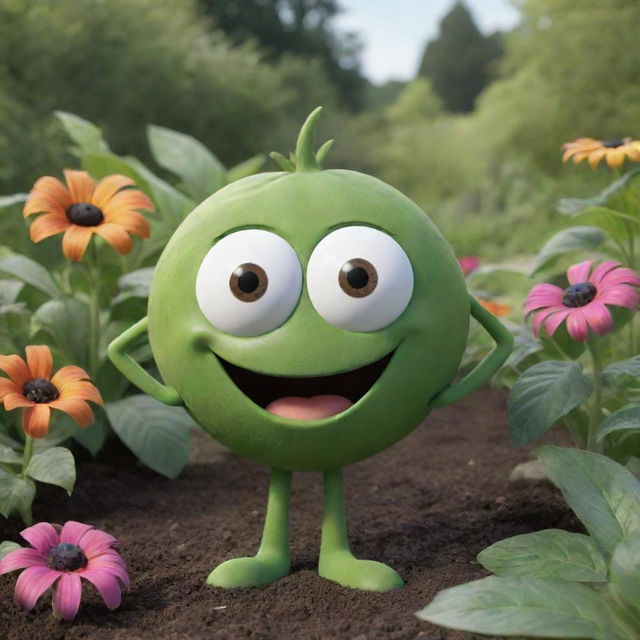 An animated, anthropomorphic seed with expressive eyes and a wide, friendly grin. It's conveying an important message, surrounded by a lush garden backdrop.