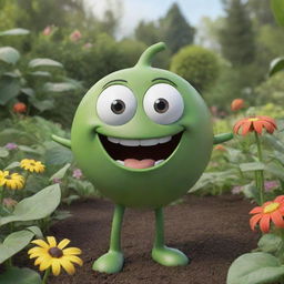 An animated, anthropomorphic seed with expressive eyes and a wide, friendly grin. It's conveying an important message, surrounded by a lush garden backdrop.