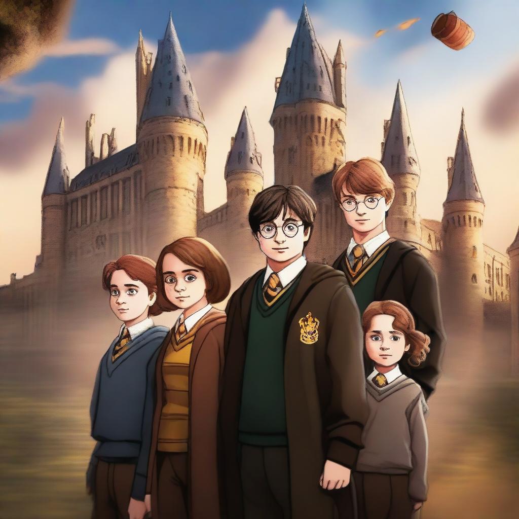 A high-quality digital art image showcasing Harry Potter, Ron, and Hermione as Hogwarts professors, with their children as students