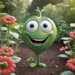 An animated, anthropomorphic seed with expressive eyes and a wide, friendly grin. It's conveying an important message, surrounded by a lush garden backdrop.