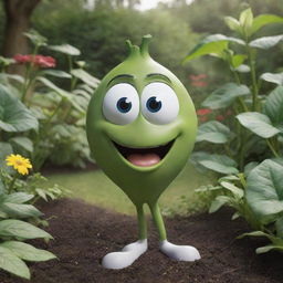 An animated, anthropomorphic seed with expressive eyes and a wide, friendly grin. It's conveying an important message, surrounded by a lush garden backdrop.