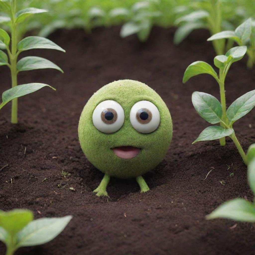 A charming, anthropomorphic seed engaging in conversation, partially buried in rich, fertile soil. Its eyes twinkle with wisdom and excitement, as it imparts the secrets of nature, set against a green and blooming garden.