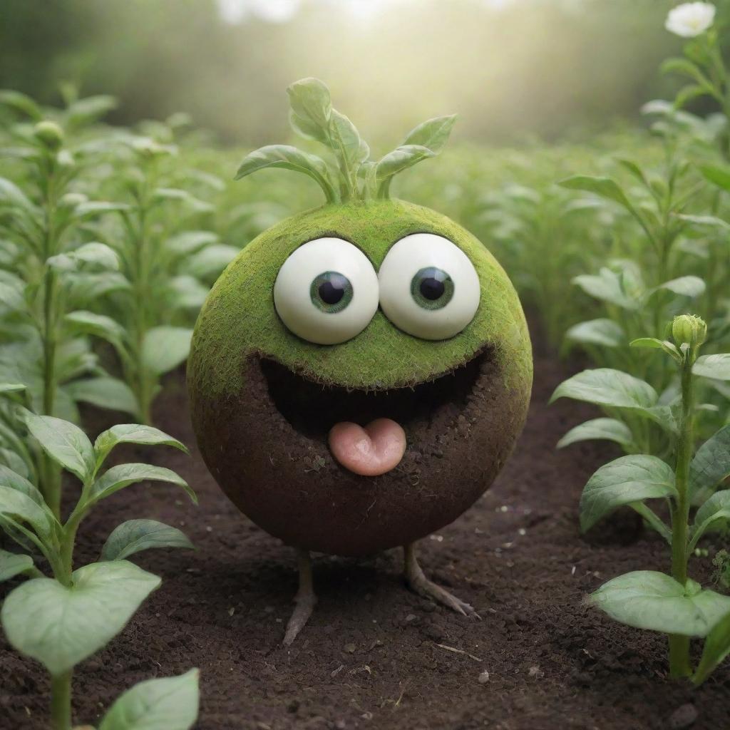 A charming, anthropomorphic seed engaging in conversation, partially buried in rich, fertile soil. Its eyes twinkle with wisdom and excitement, as it imparts the secrets of nature, set against a green and blooming garden.