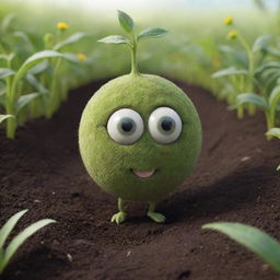 A charming, anthropomorphic seed engaging in conversation, partially buried in rich, fertile soil. Its eyes twinkle with wisdom and excitement, as it imparts the secrets of nature, set against a green and blooming garden.