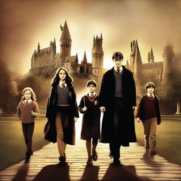 A high-quality movie poster-style digital art image featuring Harry Potter, Ron, and Hermione as Hogwarts professors, with their children as students