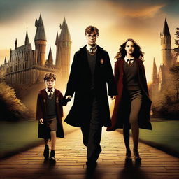 A high-quality movie poster-style digital art image featuring Harry Potter, Ron, and Hermione as Hogwarts professors, with their children as students