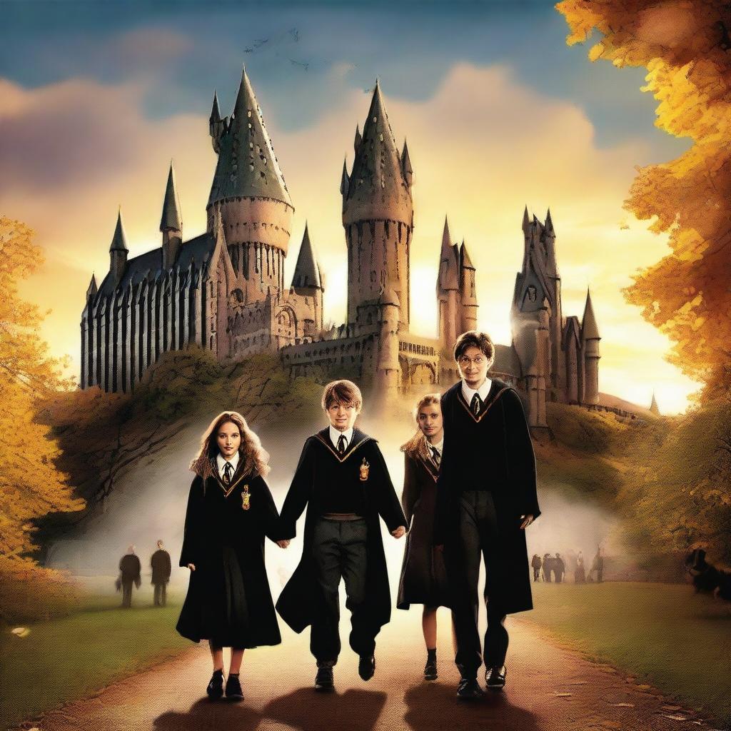 A high-quality movie poster-style digital art image featuring Harry Potter, Ron, and Hermione as Hogwarts professors, with their children as students